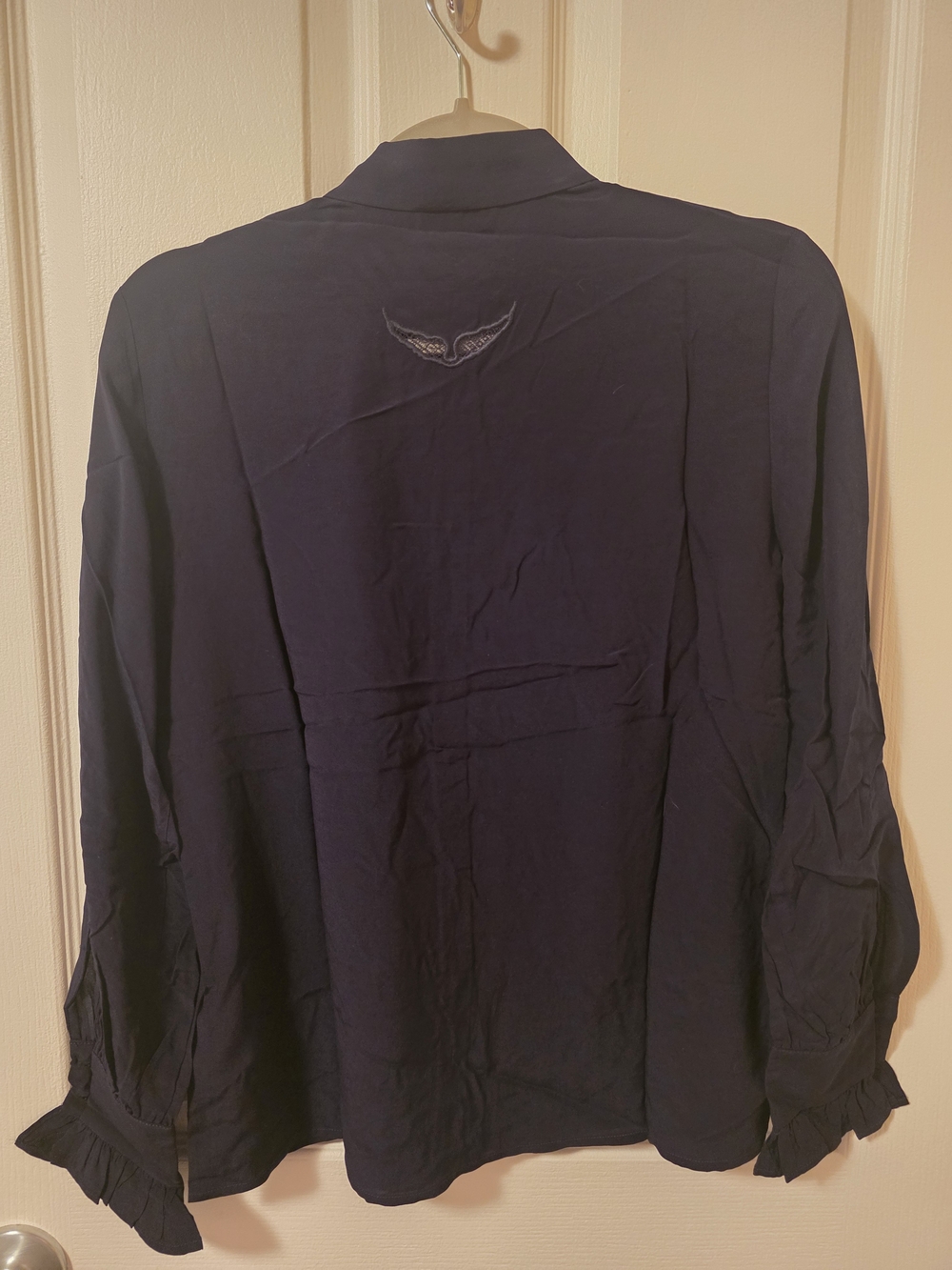Zadig & Voltaire NWT Black Thely Satin Blouse Ruffle Cuff Wing Back Small